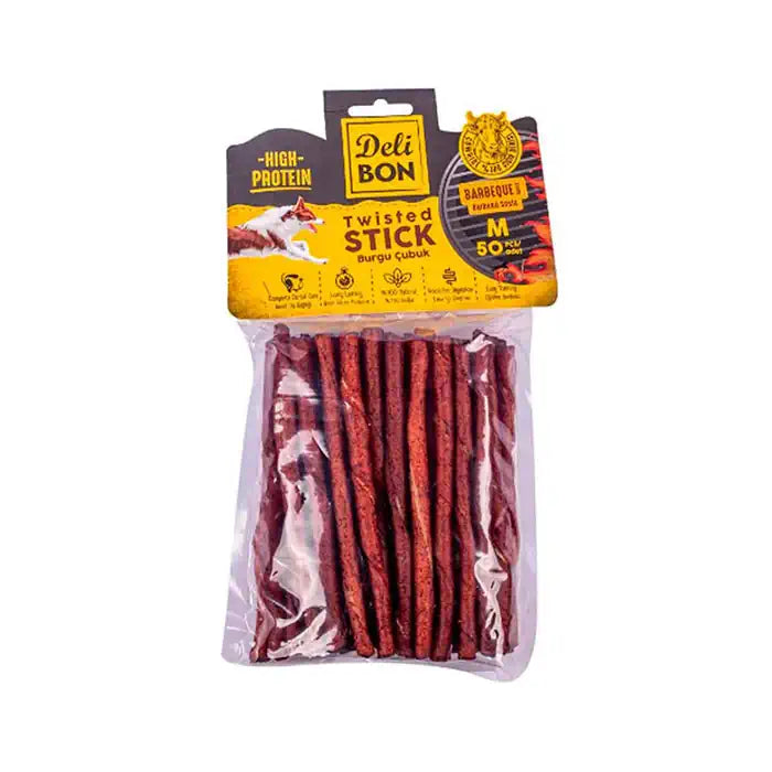 Delibon Barbecue Flavored Leather Twist Stick Medium Thick Dog Award 50 Pieces