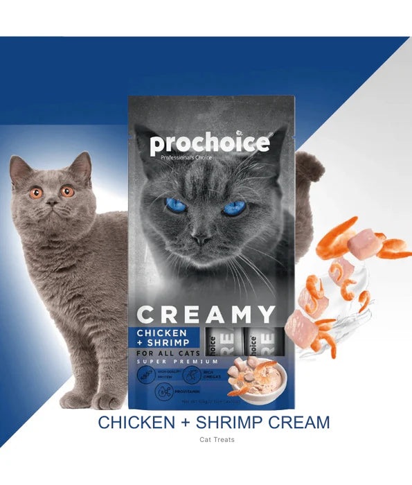 Prochoice - Creamy Provitamin Lickable Treats, Omega Rich, Chicken & Shrimp - 4 Tubes x15g