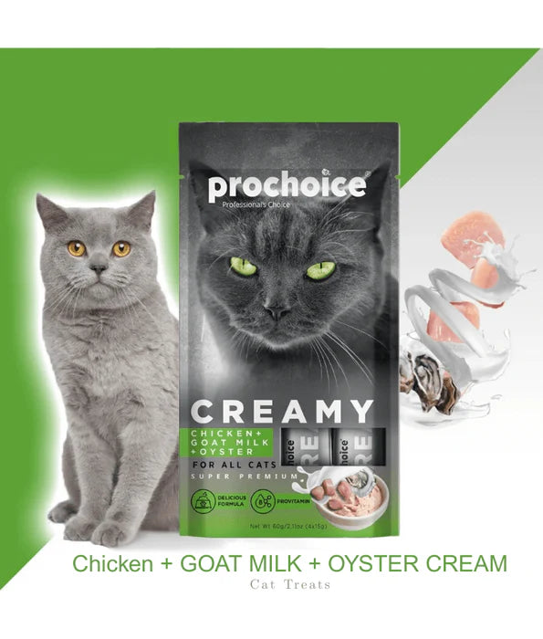 Prochoice - Creamy Provitamin Lickable Treats, Chicken, Goat Milk, and Oyster - 4 Tubes x15g