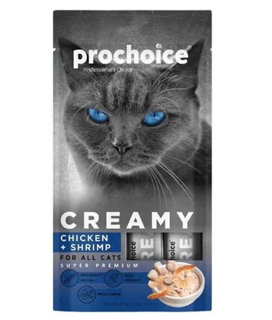 Prochoice - Creamy Provitamin Lickable Treats, Omega Rich, Chicken & Shrimp - 4 Tubes x15g